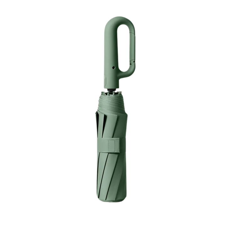 "Windproof automatic folding umbrella with reflective strip, featuring 10-rib construction, reverse folding, and carabiner ha