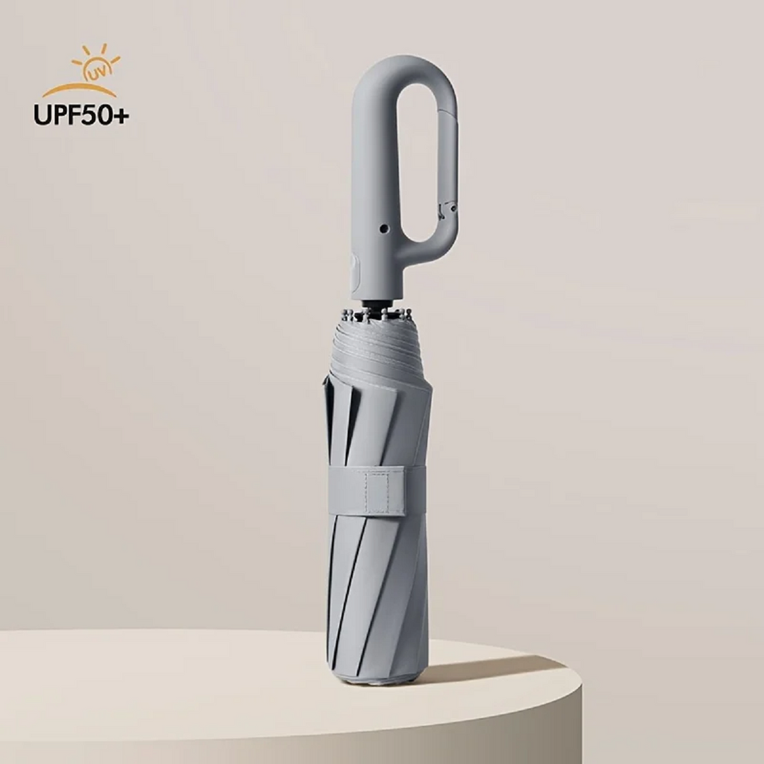"Windproof automatic folding umbrella with reflective strip, featuring 10-rib construction, reverse folding, and carabiner ha