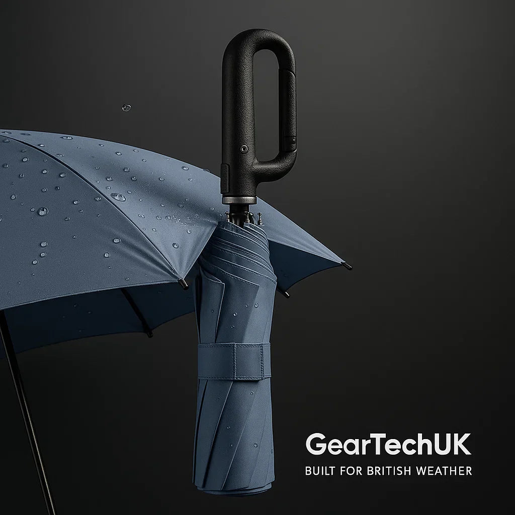 "Windproof automatic folding umbrella with reflective strip, featuring 10-rib construction, reverse folding, and carabiner ha