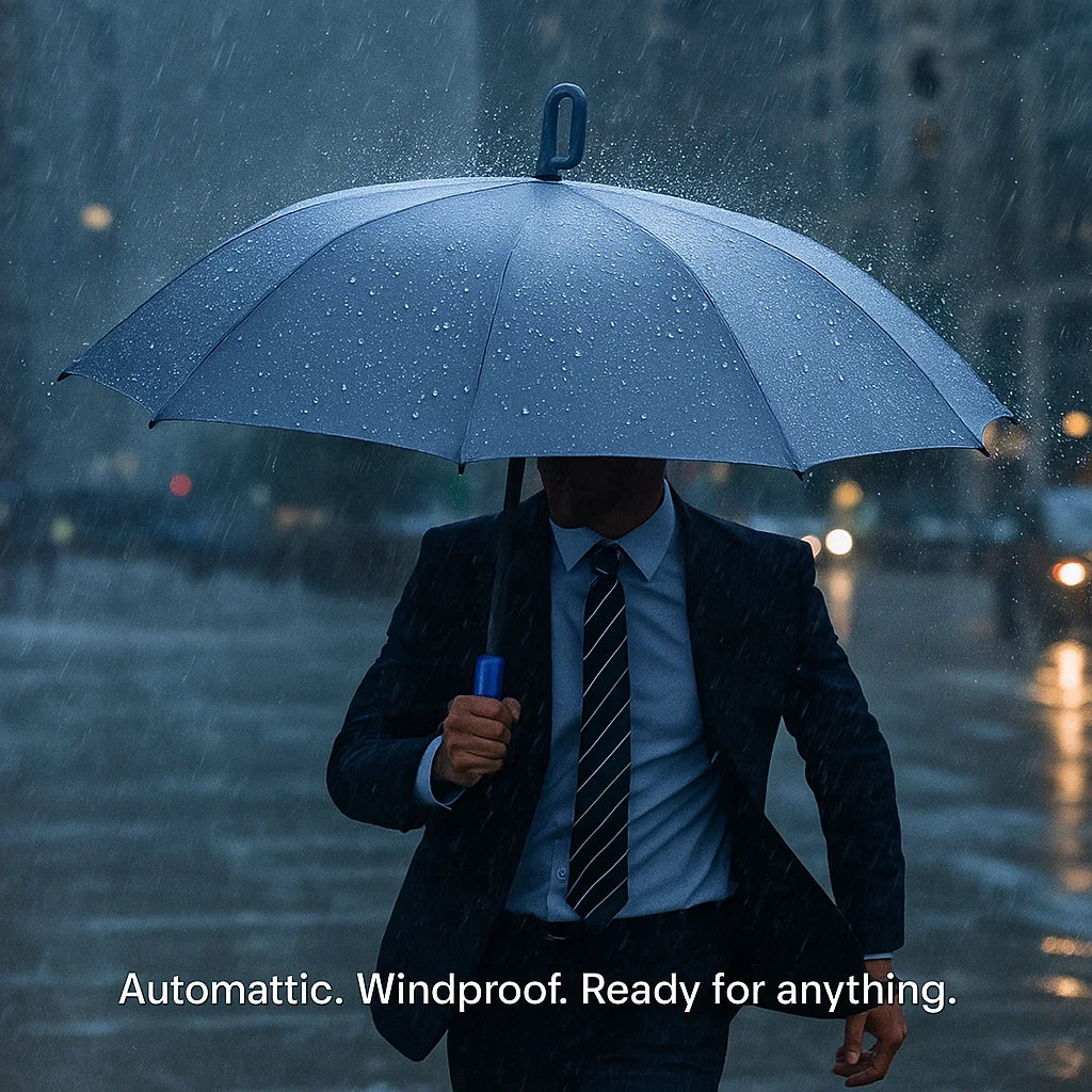 "Windproof automatic folding umbrella with reflective strip, featuring 10-rib construction, reverse folding, and carabiner ha