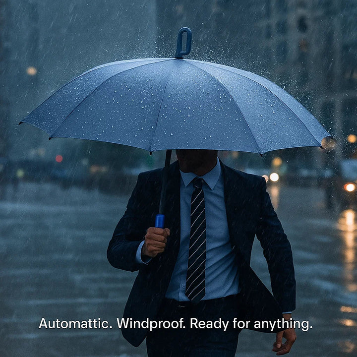 "Windproof automatic folding umbrella with reflective strip, featuring 10-rib construction, reverse folding, and carabiner ha