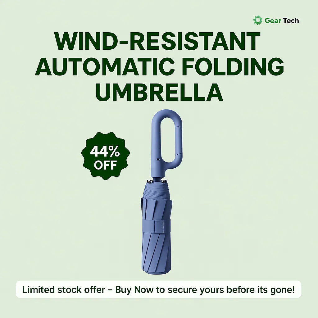 "Windproof automatic folding umbrella with reflective strip, featuring 10-rib construction, reverse folding, and carabiner ha
