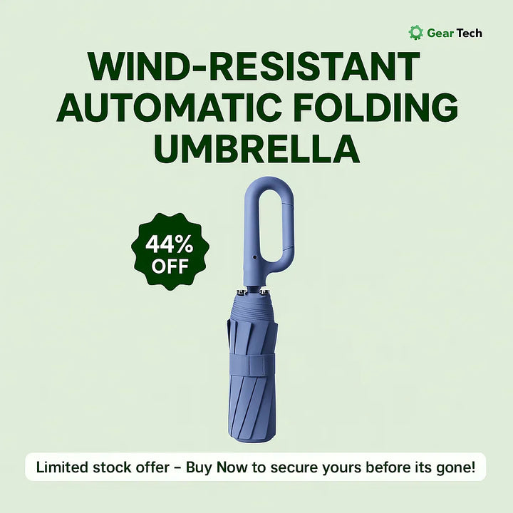 "Windproof automatic folding umbrella with reflective strip, featuring 10-rib construction, reverse folding, and carabiner ha
