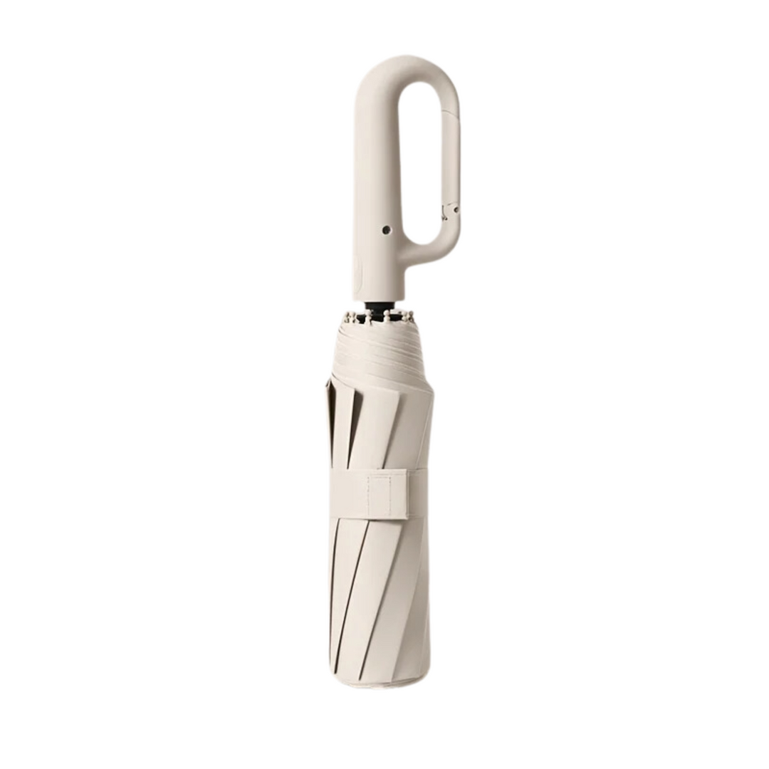 "Windproof automatic folding umbrella with reflective strip, featuring 10-rib construction, reverse folding, and carabiner ha