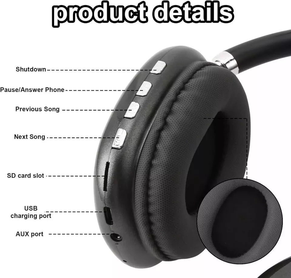 Wireless Bluetooth over-ear headphones, sleek black design, ergonomic fit, featuring noise cancellation and soft cushions.