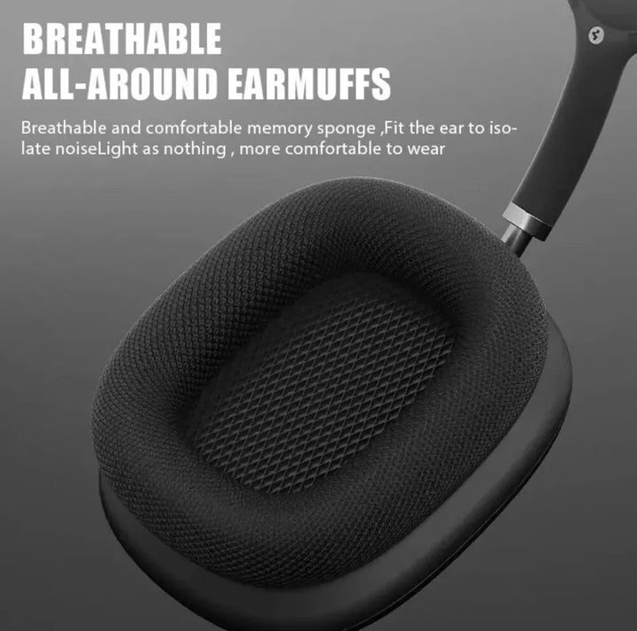 Wireless Bluetooth over-ear headphones, sleek black design, ergonomic fit, featuring noise cancellation and soft cushions.