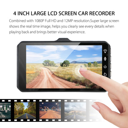 "Wireless dual dash camera, night vision, 170° angle, HD 1080p, front and rear lenses, LCD screen, sleek black design."