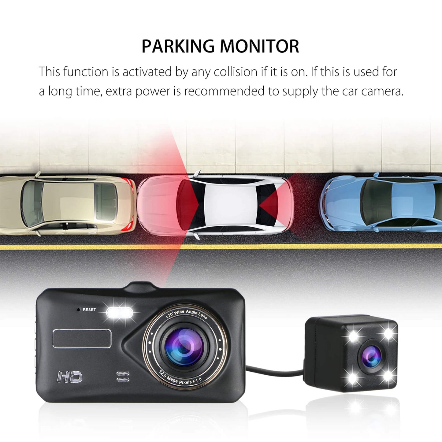 "Wireless dual dash camera, night vision, 170° angle, HD 1080p, front and rear lenses, LCD screen, sleek black design."