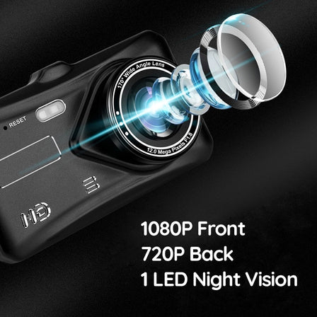 "Wireless dual dash camera, night vision, 170° angle, HD 1080p, front and rear lenses, LCD screen, sleek black design."