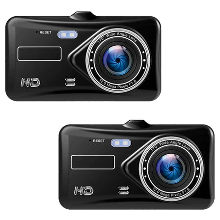 "Wireless dual dash camera, night vision, 170° angle, HD 1080p, front and rear lenses, LCD screen, sleek black design."