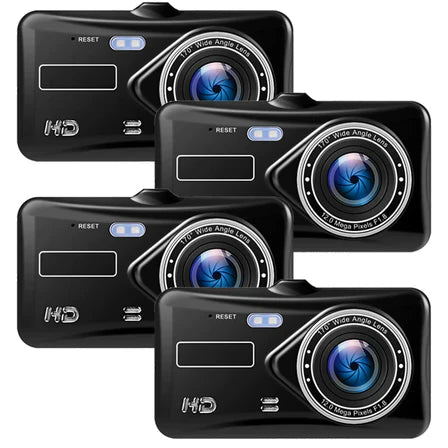 "Wireless dual dash camera, night vision, 170° angle, HD 1080p, front and rear lenses, LCD screen, sleek black design."