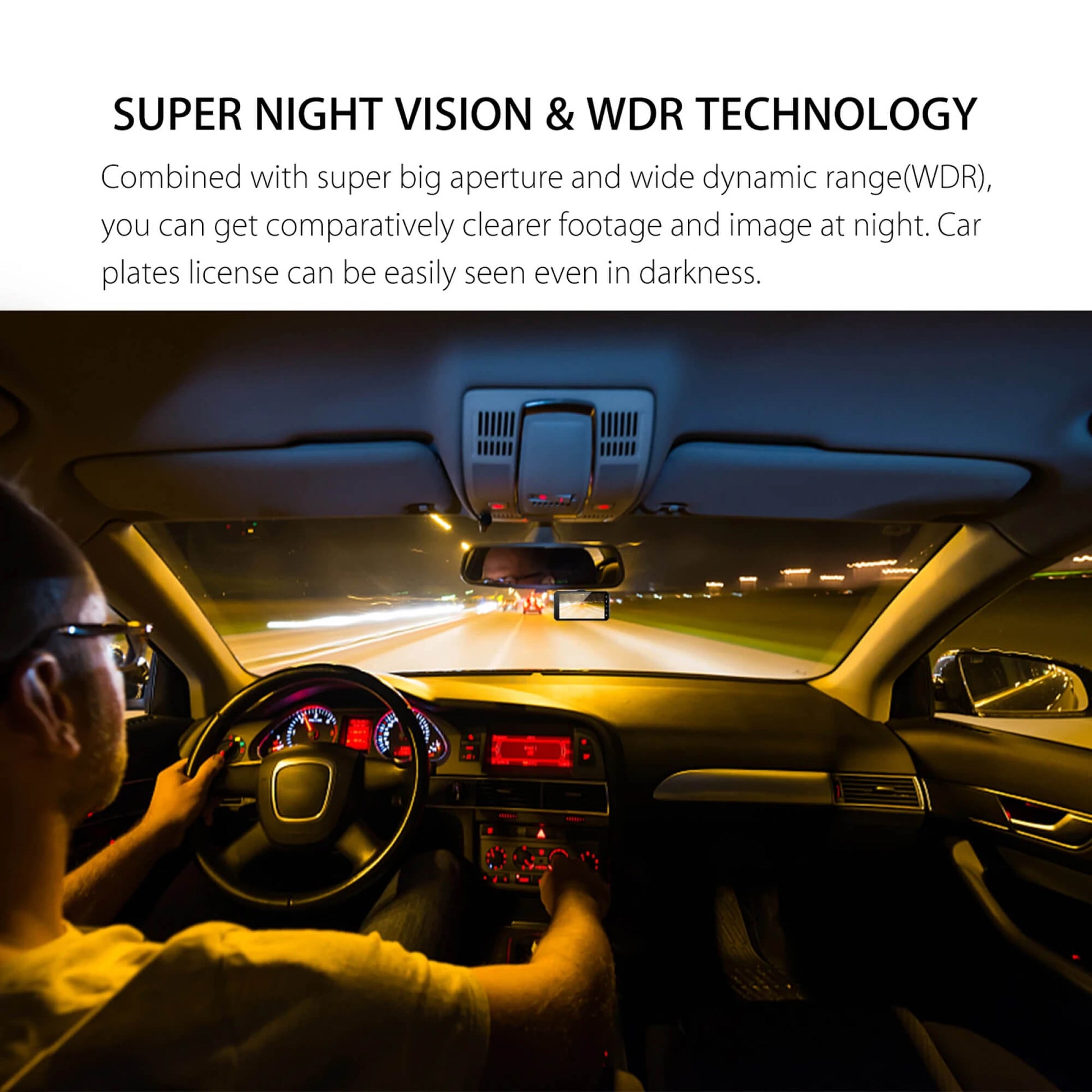"Wireless dual dash camera, night vision, 170° angle, HD 1080p, front and rear lenses, LCD screen, sleek black design."