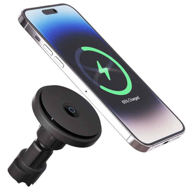 "Wireless MagSafe car charger and phone mount for iPhone, sleek design, strong magnetic hold, seamless interior fit."