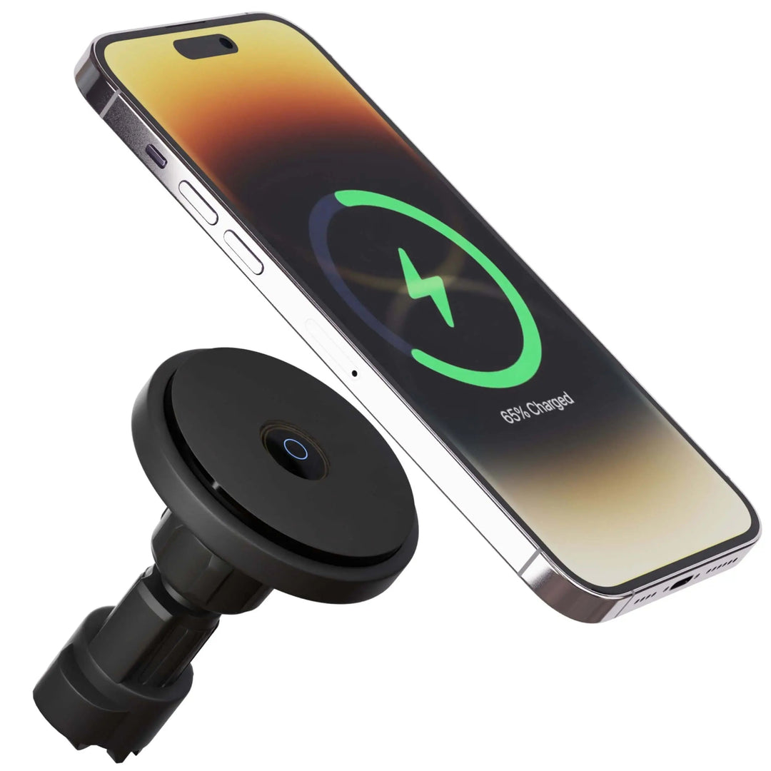 "Wireless MagSafe car charger and phone mount for iPhone, sleek design, strong magnetic hold, seamless interior fit."