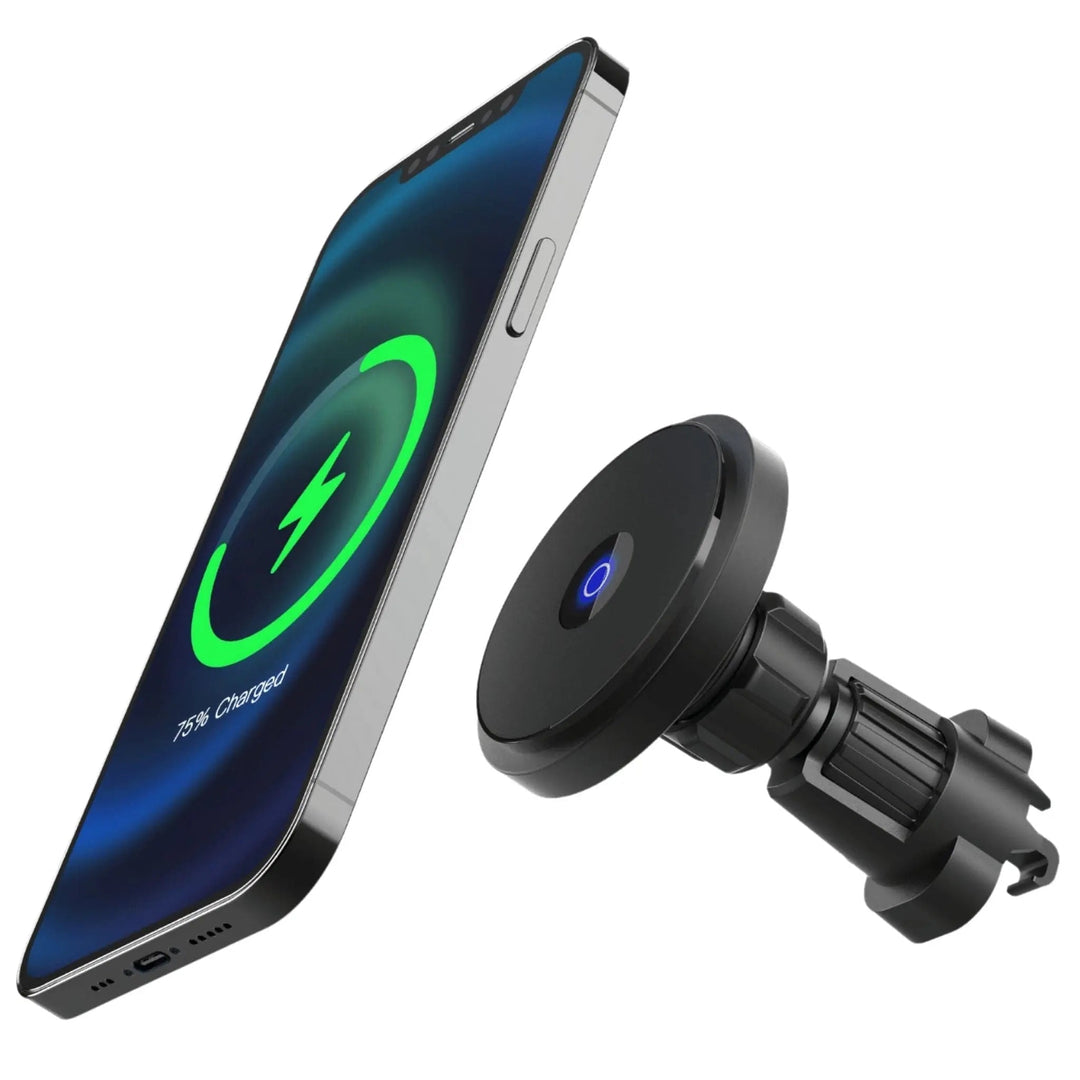 "Wireless MagSafe car charger and phone mount for iPhone, sleek design, strong magnetic hold, seamless interior fit."