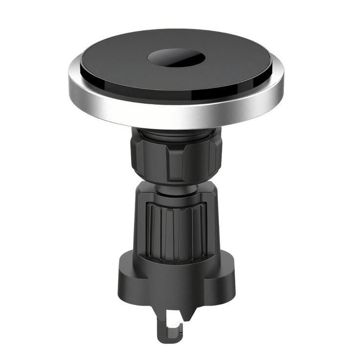 "Wireless MagSafe car charger and phone mount for iPhone, sleek design, strong magnetic hold, seamless interior fit."