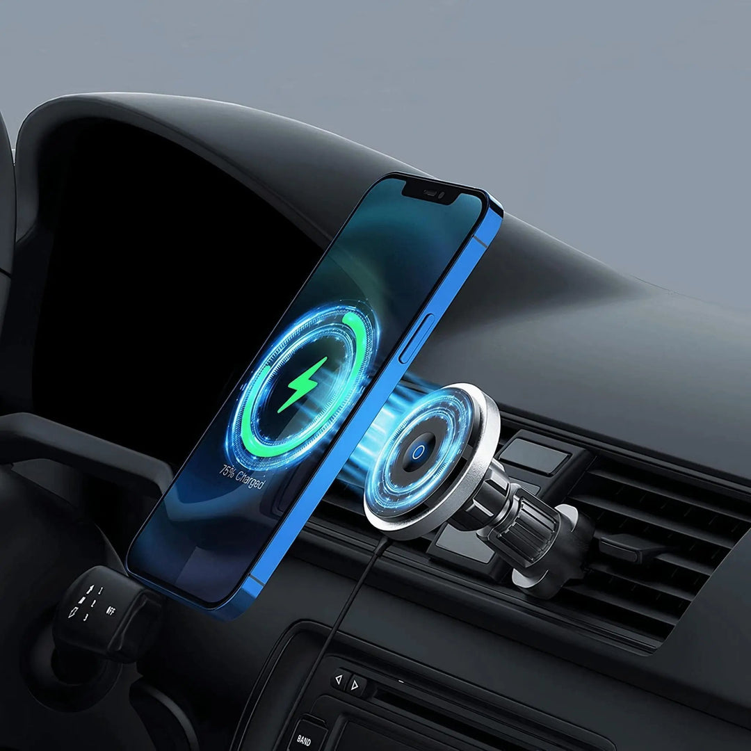 "Wireless MagSafe car charger and phone mount for iPhone, sleek design, strong magnetic hold, seamless interior fit."