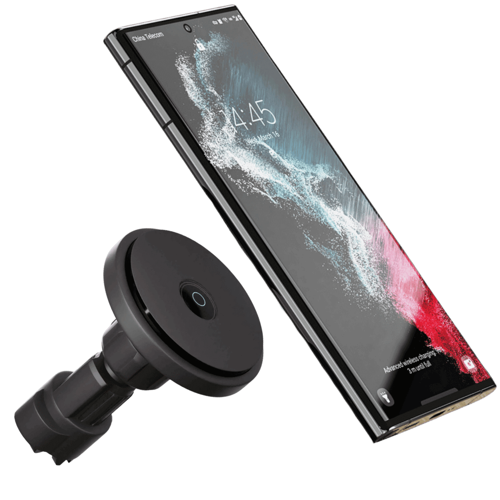 "Wireless MagSafe car charger and phone mount for iPhone, sleek design, strong magnetic hold, seamless interior fit."