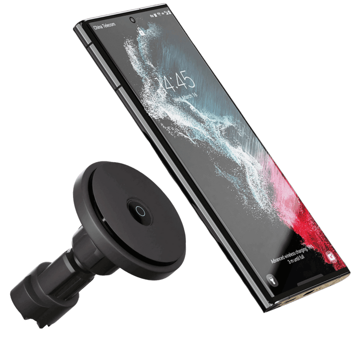 "Wireless MagSafe car charger and phone mount for iPhone, sleek design, strong magnetic hold, seamless interior fit."