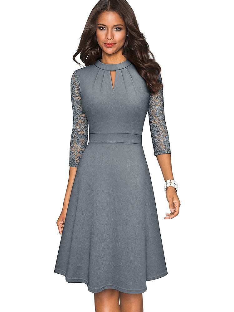Women's A-Line Dress with Lace Sleeves, elegant semi-formal attire ideal for weddings and cocktail parties, with high necklin