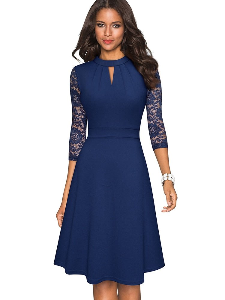 Women's A-Line Dress with Lace Sleeves, elegant semi-formal attire ideal for weddings and cocktail parties, with high necklin