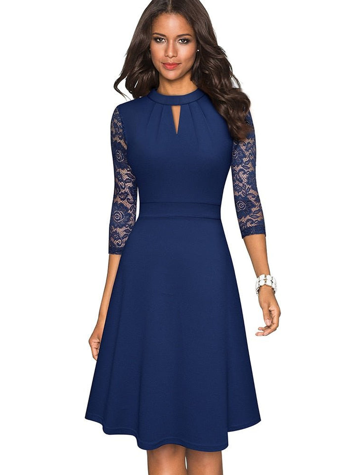 Women's A-Line Dress with Lace Sleeves, elegant semi-formal attire ideal for weddings and cocktail parties, with high necklin