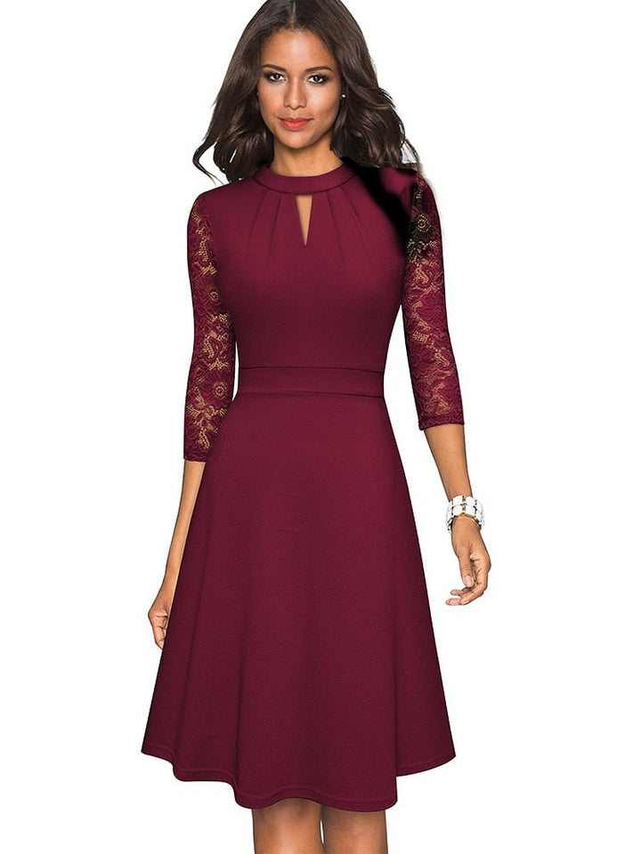 Women's A-Line Dress with Lace Sleeves, elegant semi-formal attire ideal for weddings and cocktail parties, with high necklin