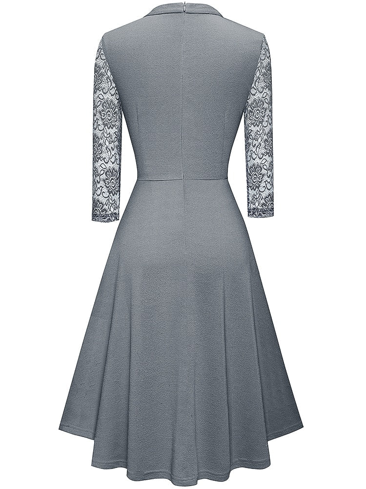 Women's A-Line Dress with Lace Sleeves, elegant semi-formal attire ideal for weddings and cocktail parties, with high necklin