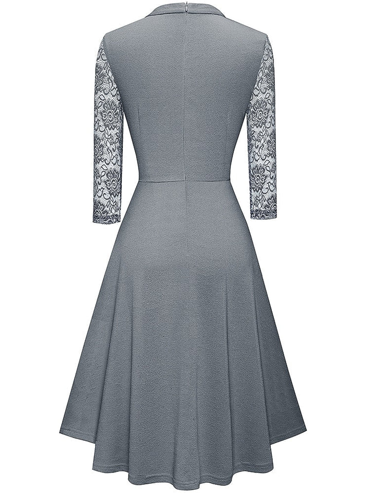 Women's A-Line Dress with Lace Sleeves, elegant semi-formal attire ideal for weddings and cocktail parties, with high necklin
