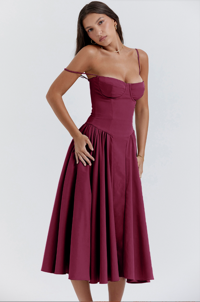 Women's A-Line Midi Dress with corset bodice, spaghetti straps, elegant silhouette, perfect for day or evening wear.