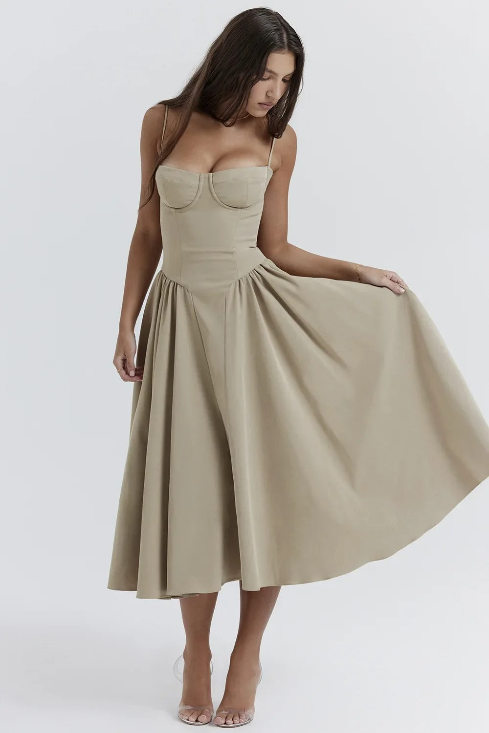 Women's A-Line Midi Dress with corset bodice, spaghetti straps, elegant silhouette, perfect for day or evening wear.