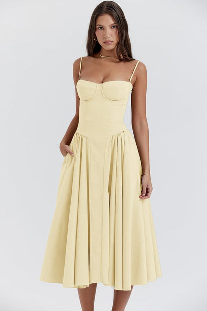 Women's A-Line Midi Dress with corset bodice, spaghetti straps, elegant silhouette, perfect for day or evening wear.