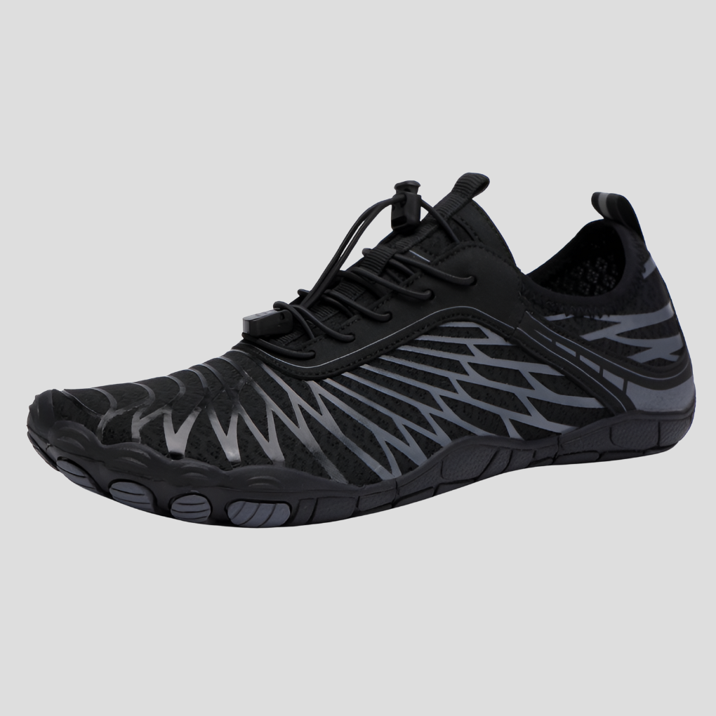 "Women's aqua shoes with breathable fabric, slip-on elastic collar, and grip sole for water sports and beach walks."
