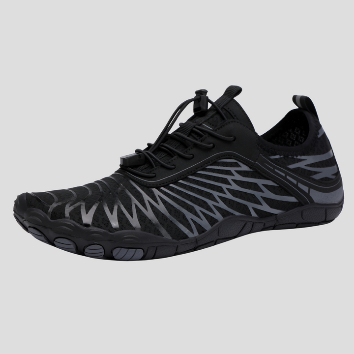 "Women's aqua shoes with breathable fabric, slip-on elastic collar, and grip sole for water sports and beach walks."