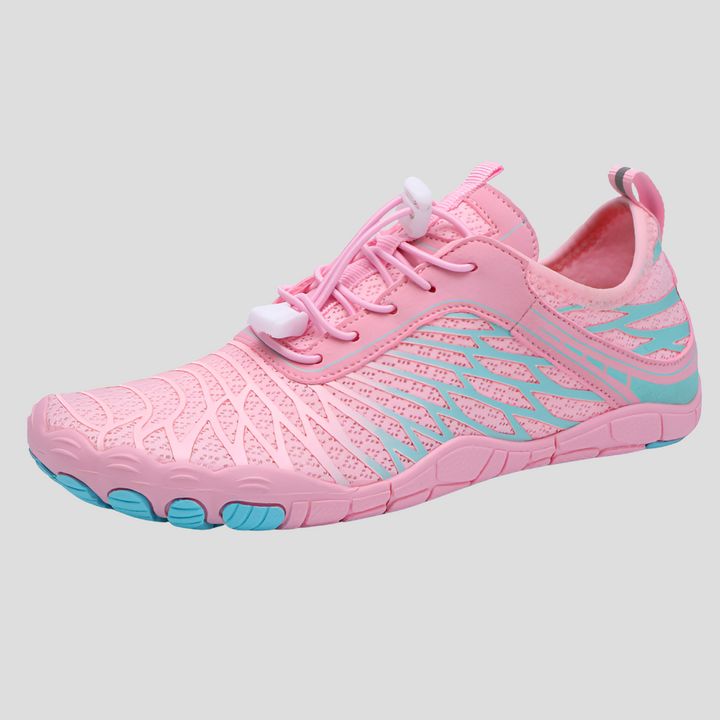 "Women's aqua shoes with breathable fabric, slip-on elastic collar, and grip sole for water sports and beach walks."