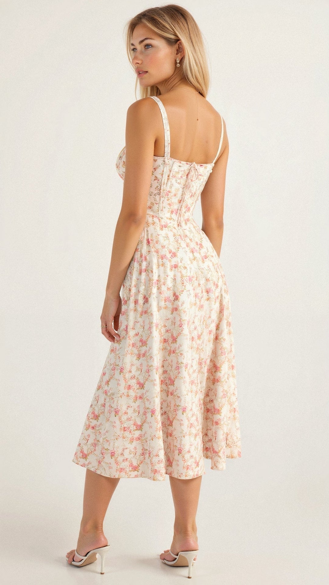 Women's Arabella waist dress with sweetheart neckline, light summer fabric, adjustable fit for elegant silhouette styling.