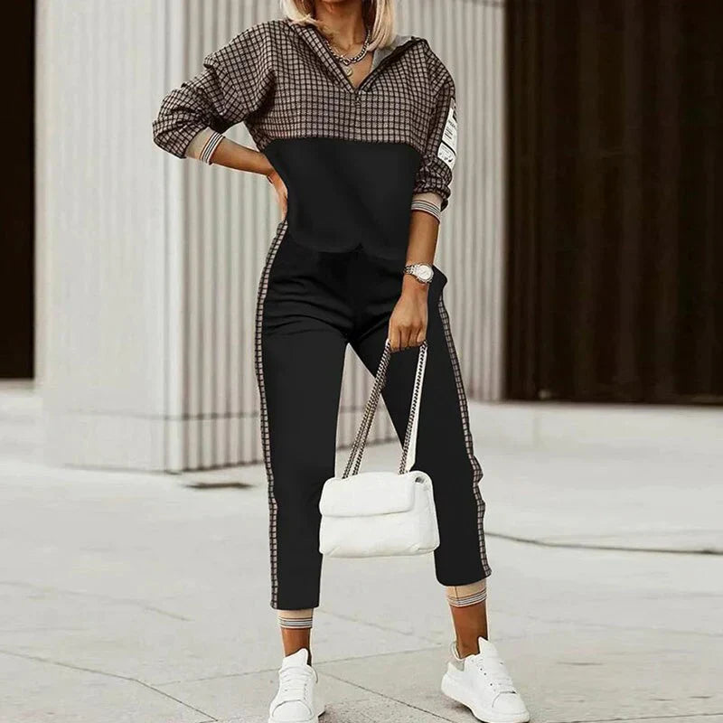 Women's athleisure set with zip hoodie and joggers, featuring a chic patterned design in cosy, breathable fabric.
