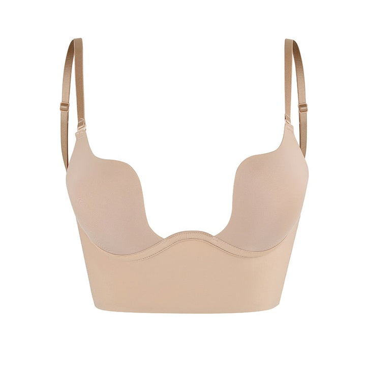 "Women's backless bra with adjustable straps, seamless design, breathable fabric; ideal for low-back outfits, comfortable fit