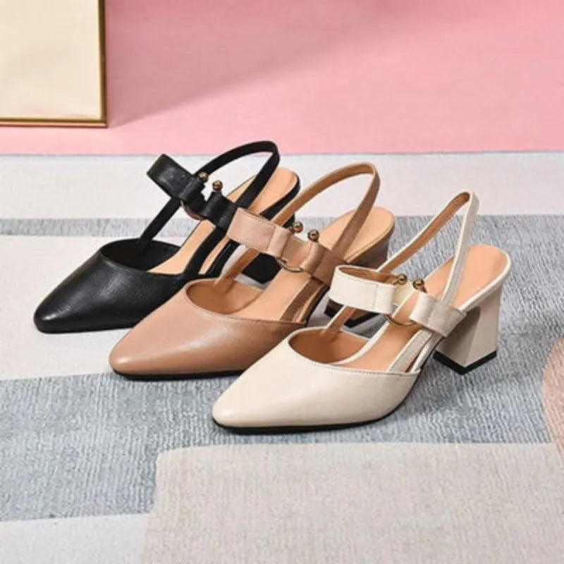 "Women's beige orthopedic high heels with wide base, offering support and style for comfort and confidence all day."