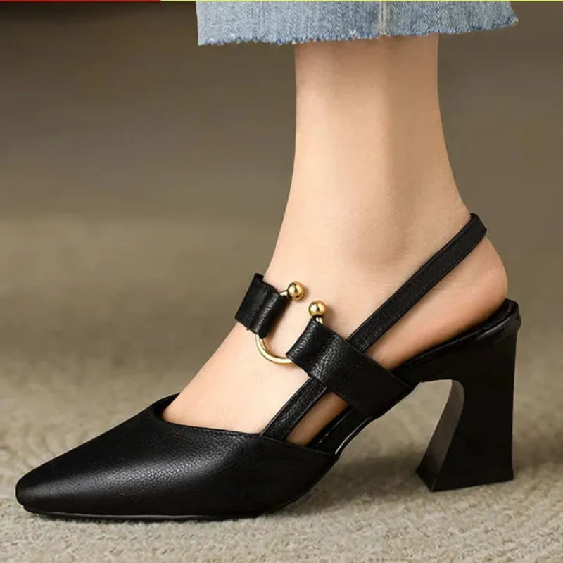 "Women's beige orthopedic high heels with wide base, offering support and style for comfort and confidence all day."