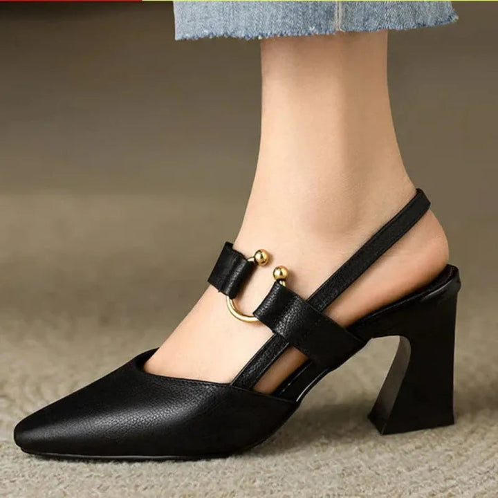 "Women's beige orthopedic high heels with wide base, offering support and style for comfort and confidence all day."