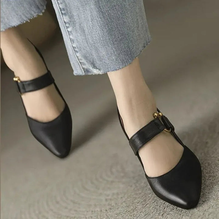 "Women's beige orthopedic high heels with wide base, offering support and style for comfort and confidence all day."