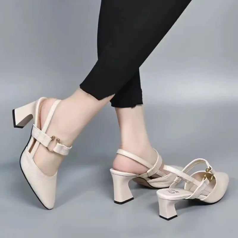 "Women's beige orthopedic high heels with wide base, offering support and style for comfort and confidence all day."