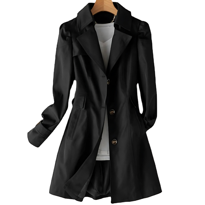 "Women's beige trench coat, water-resistant, mid-length, with adjustable waist belt and classic design for stylish protection