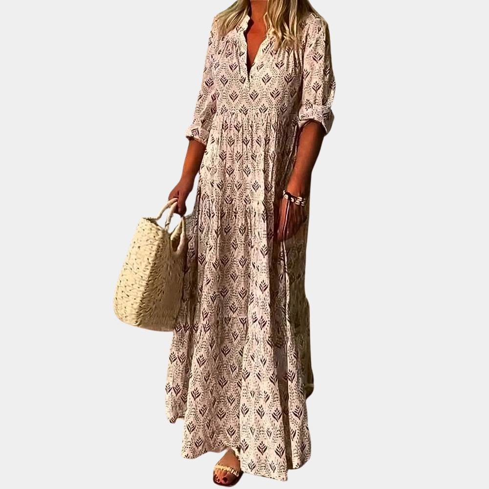 "Women's Boho Maxi Dress in Pink, featuring elbow-length sleeves and a unique collar, perfect for chic and casual occasions."