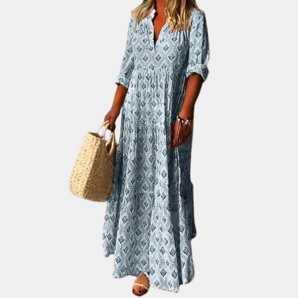 "Women's Boho Maxi Dress in Pink, featuring elbow-length sleeves and a unique collar, perfect for chic and casual occasions."