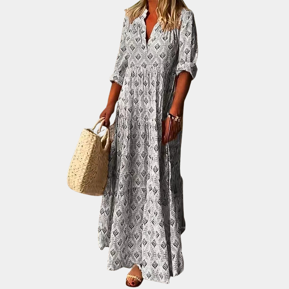 "Women's Boho Maxi Dress in Pink, featuring elbow-length sleeves and a unique collar, perfect for chic and casual occasions."