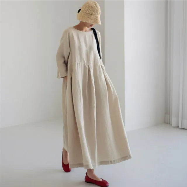 "Women's breathable cotton blend casual dress, relaxed fit, minimalist design, perfect for everyday comfort and style."