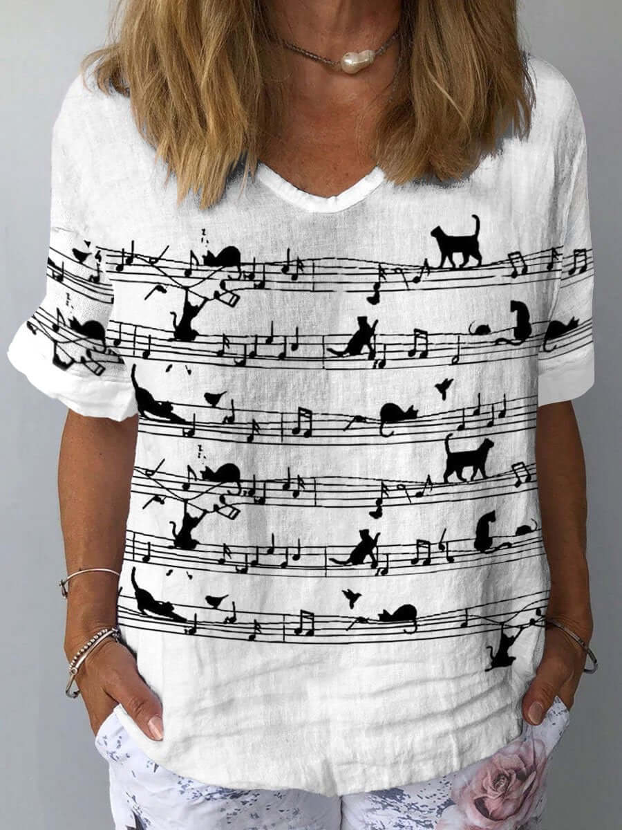 Women's casual cat print shirt, round collar, short sleeves, cotton-linen blend, artistic design, ideal for summer wear.
