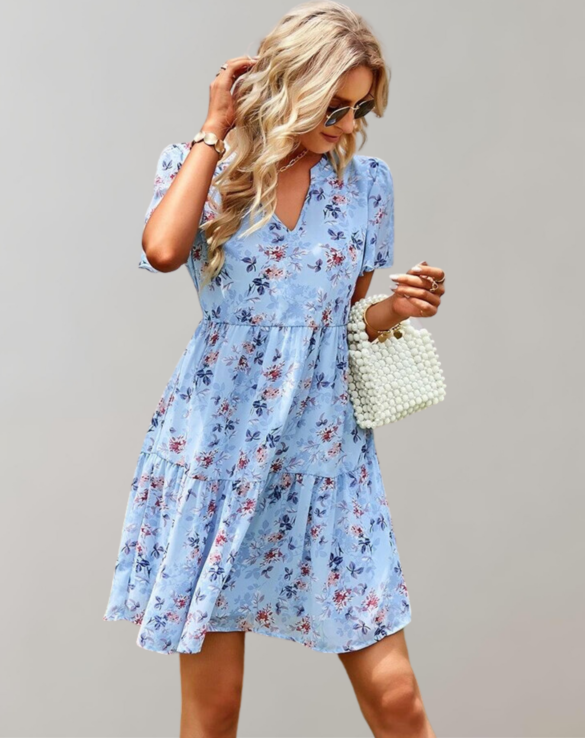 Women's casual V-neck floral midi dress, vibrant spring/summer print, loose fit, versatile style, sleeveless option